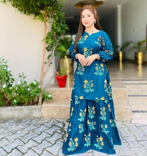 2 Pcs Flower Shrara Print  Dress