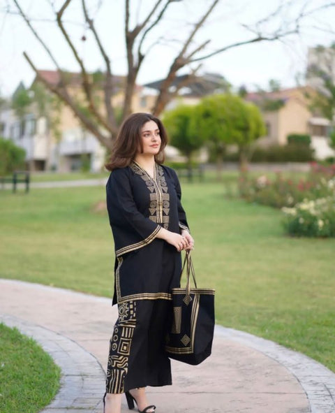 3 Pcs Linen Print Dress & Bag