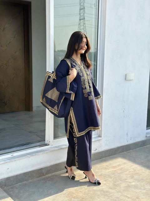 3 Pcs Linen Print Dress & Bag