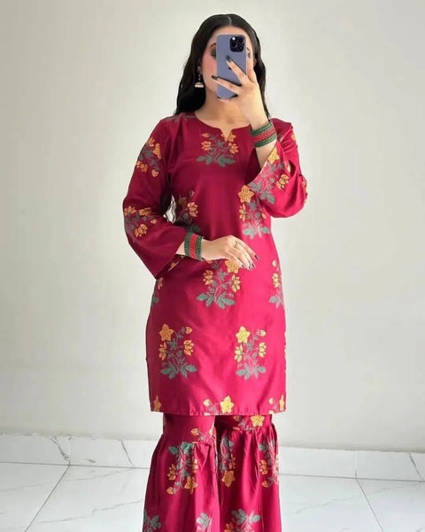 2 Pcs Flower Shrara Print  Dress