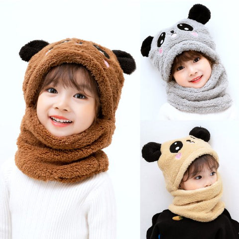 Beanie Wool Cap With Neck Warmer Attached. Kids Wool Cap Cartoon Panda Baby (Random Color)