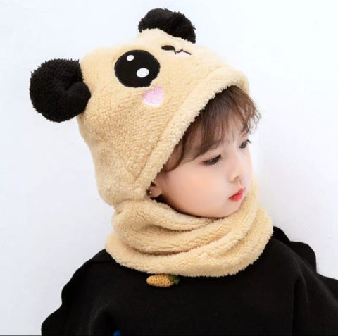 Beanie Wool Cap With Neck Warmer Attached. Kids Wool Cap Cartoon Panda Baby (Random Color)