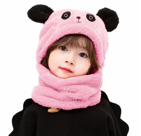 Beanie Wool Cap With Neck Warmer Attached. Kids Wool Cap Cartoon Panda Baby (Random Color)