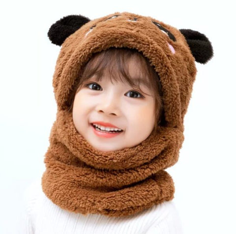 Beanie Wool Cap With Neck Warmer Attached. Kids Wool Cap Cartoon Panda Baby (Random Color)