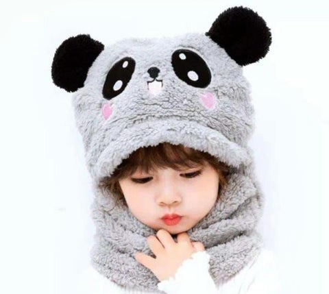 Beanie Wool Cap With Neck Warmer Attached. Kids Wool Cap Cartoon Panda Baby (Random Color)