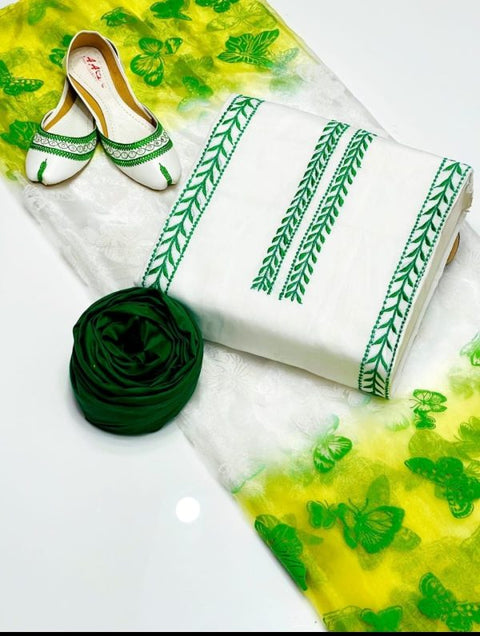 New Azadi Collection / 14 August Dress Qattan Silk Trouser & Embroidary Shirt Organza Double Shade Dupata With Khussa