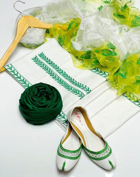 New Azadi Collection / 14 August Dress Qattan Silk Trouser & Embroidary Shirt Organza Double Shade Dupata With Khussa